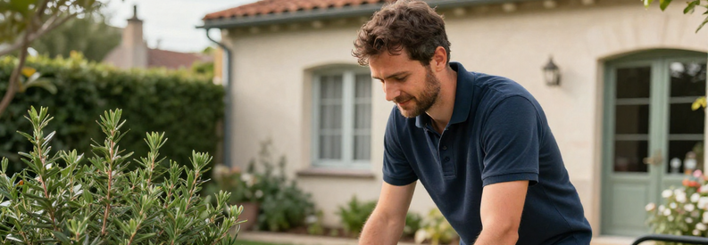 Jardinier professionnel marseillais posant devant son utilitaire avec carnet de références et avis clients dans un jardin du 15ème arrondissement.
