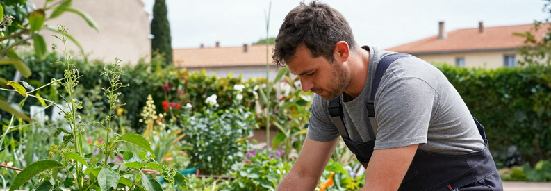 Jardinier professionnel partenaire Jardiva posant devant son utilitaire dans un jardin du 16ème arrondissement de Marseille, incarnant l'expertise locale et la disponibilité régionale.