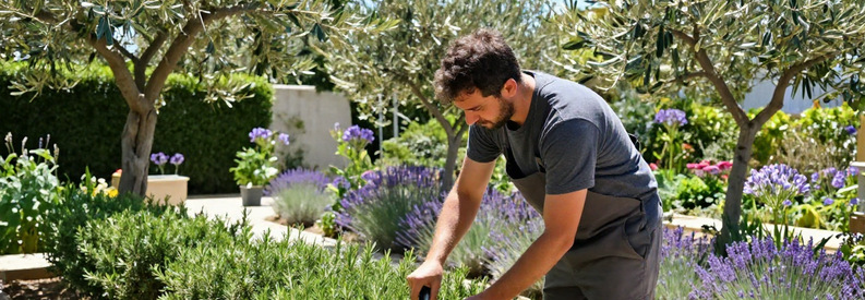 Jardinier Marseille 7eme Services Complets Jardinier professionnel entretenant haies et arbustes méditerranéens à Marseille 7ème, avec outils et végétation locale adaptée à la sécheresse.