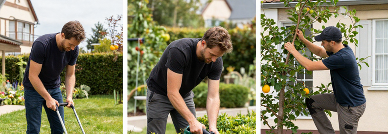 Jardinier Marseille 7eme Services Tonte Taille Elagage Triptyque montrant trois services jardinier à Marseille 7ème : tonte pelouse, taille haie, élagage arbre professionnel au travail.