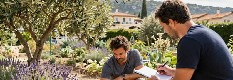Jardinier Nice Climat Mediterraneen Consultation Jardinier expert Nice inspectant sol calcaire et végétation méditerranéenne avec client, maîtrisant climat régional