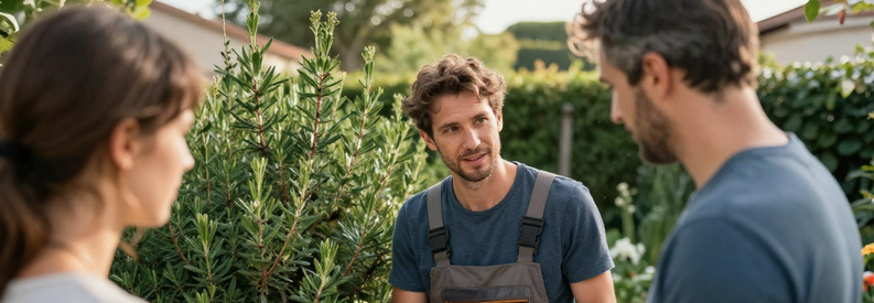 Jardinier du Var présentant une estimation à un client dans son jardin, illustrant l'importance de consulter des professionnels vérifiés.