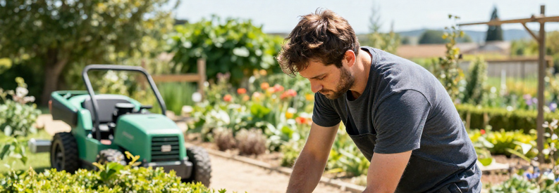 Jardinier Vaucluse Entretien Complet Jardinier vauclusion effectuant taille de haie et entretien complet du jardin avec outils professionnels.