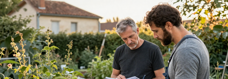 Deux jardiniers professionnels en reconnaissance de chantier dans un jardin résidentiel du 12ème arrondissement de Marseille, carnet de notes à la main.