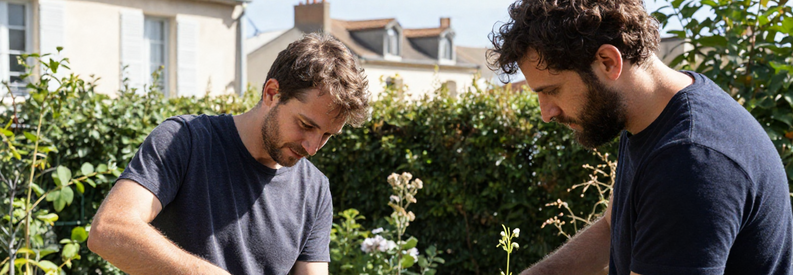 Jardiniers professionnels vérifiés au travail dans un jardin du 3ème arrondissement de Marseille, illustrant la sélection rigoureuse des professionnels partenaires.