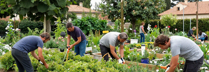 Reseau Jardiniers Toulon Services Varies Équipe de jardiniers spécialisés intervenant simultanément pour tonte, taille et désherbage dans un jardin méditerranéen à Toulon.