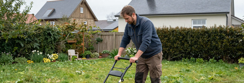 Tondeuse Pelouse Jardinier Nord 59 Jardinier tondeant pelouse verdoyante après pluie, haie en arrière-plan, jardin résidentiel Nord.